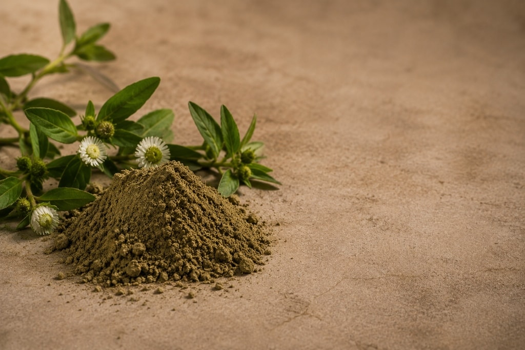 A mound of olive-green bhringraj powder beside a sprig.