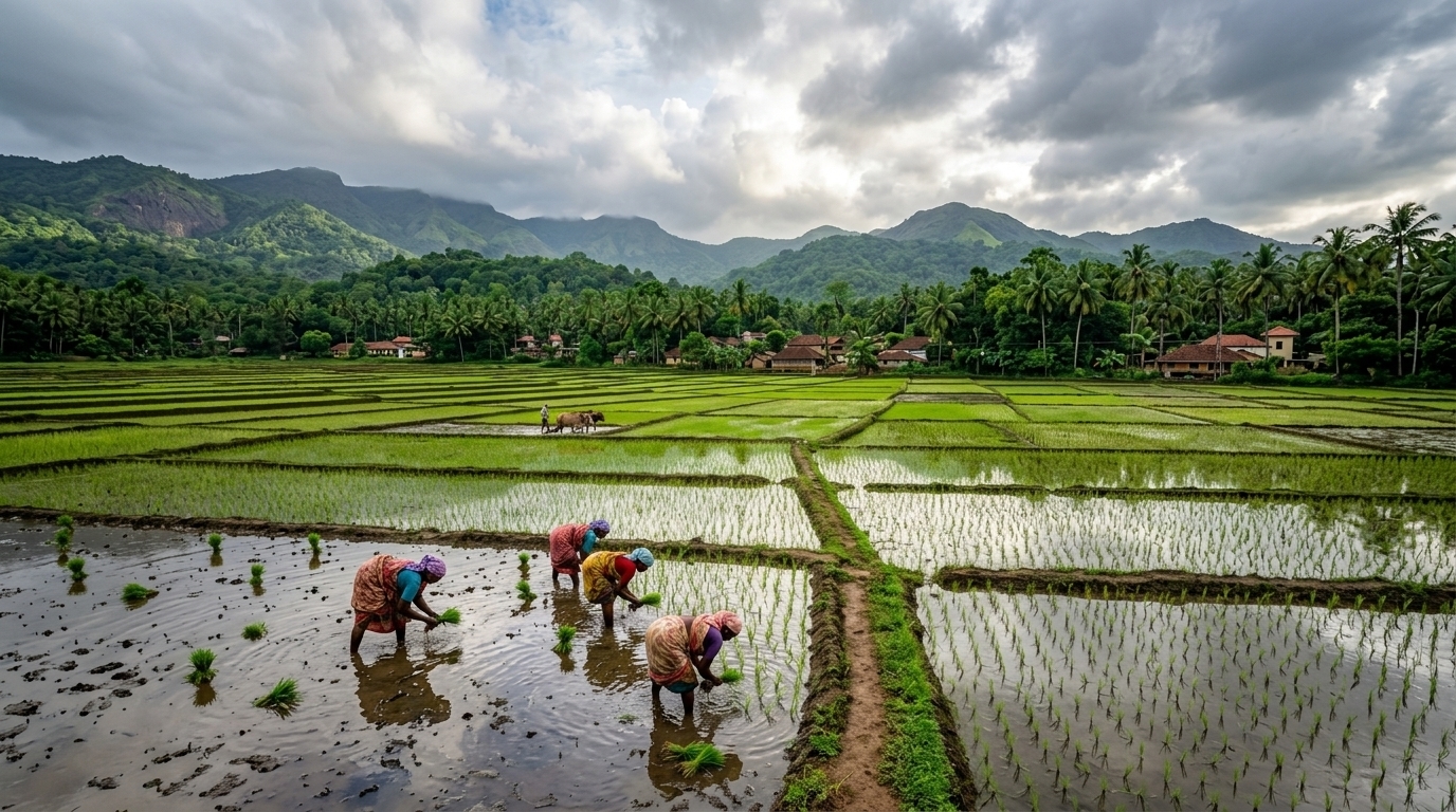 Women planting rice seedlings by hand in flooded paddy fields, with a village, palm trees and forested hills beyond under a dramatic sky.