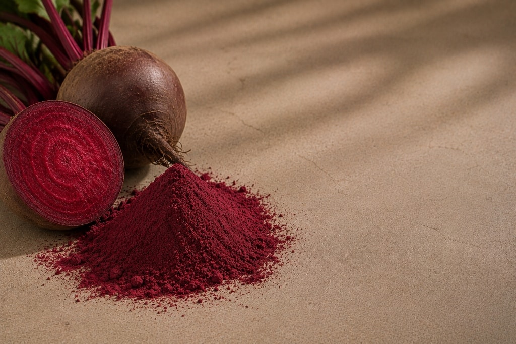 A mound of deep magenta beetroot powder beside a whole beetroot.